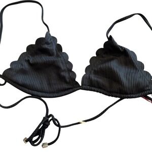 South Beach Womens Black Ribbed Scalloped Triangle Bikini Top US 4 NEW